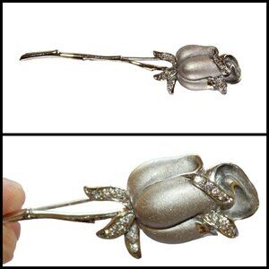 Sterling Silver 925 Rose flower brooch white Rhinestones Vintage